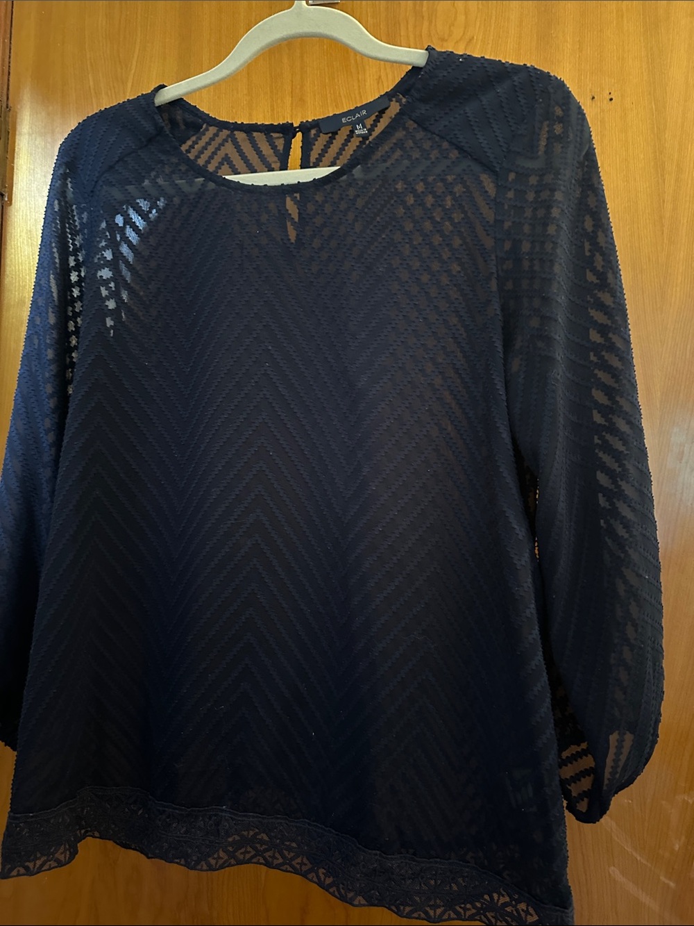Eclair Women’s Navy Chevron Sheer Blouse with Lace Hem